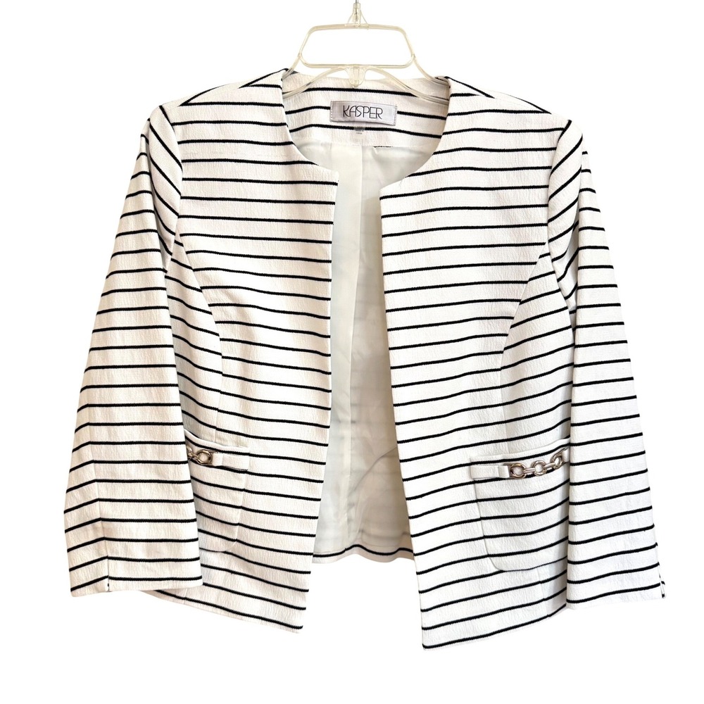 Kasper Womens Striped Open Front‎ Blazer Jacket Vanilla Ice Black 10P NWT